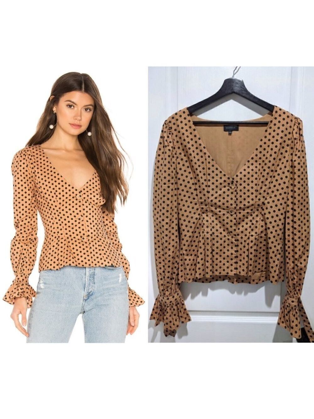 Majorelle | Claire Peplum Top in Tan & Black Dot